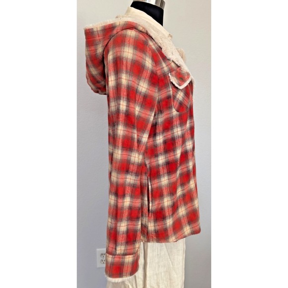 White Crow Shacket Size Large Red Cream Black Plaid Hooded Flannel Faux Fur‎ - Picture 5 of 15